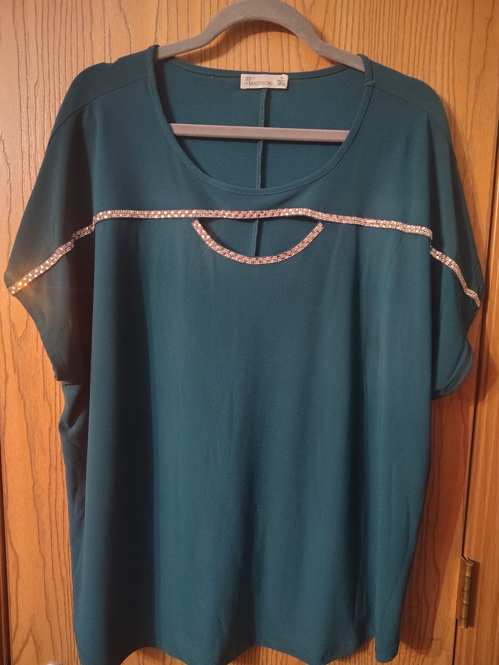 89'th & Madison Teal/Green Cut Out Short-Sleeve Top with Rhinestone Trim 3X